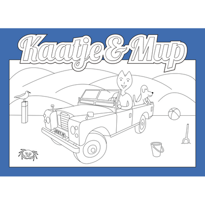 Kleurplaatkaart van Kaatje&Mup: Jeetje's strandrit in de jeep — foto 2