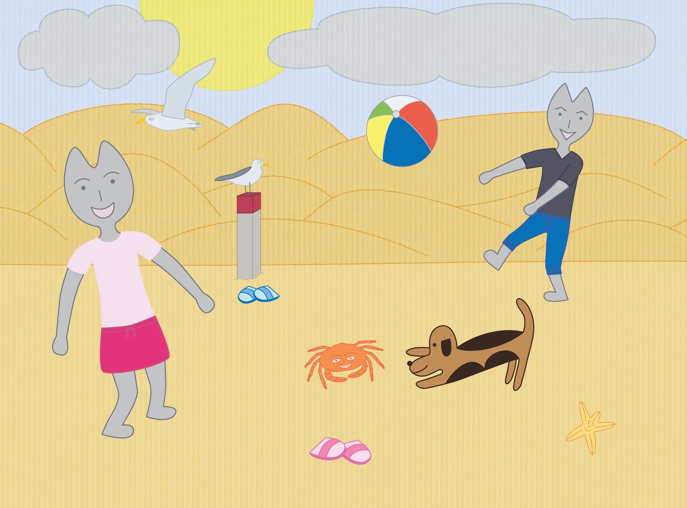 Kaatje, Mup en Jeetje spelen samen met een strandbal op het strand
