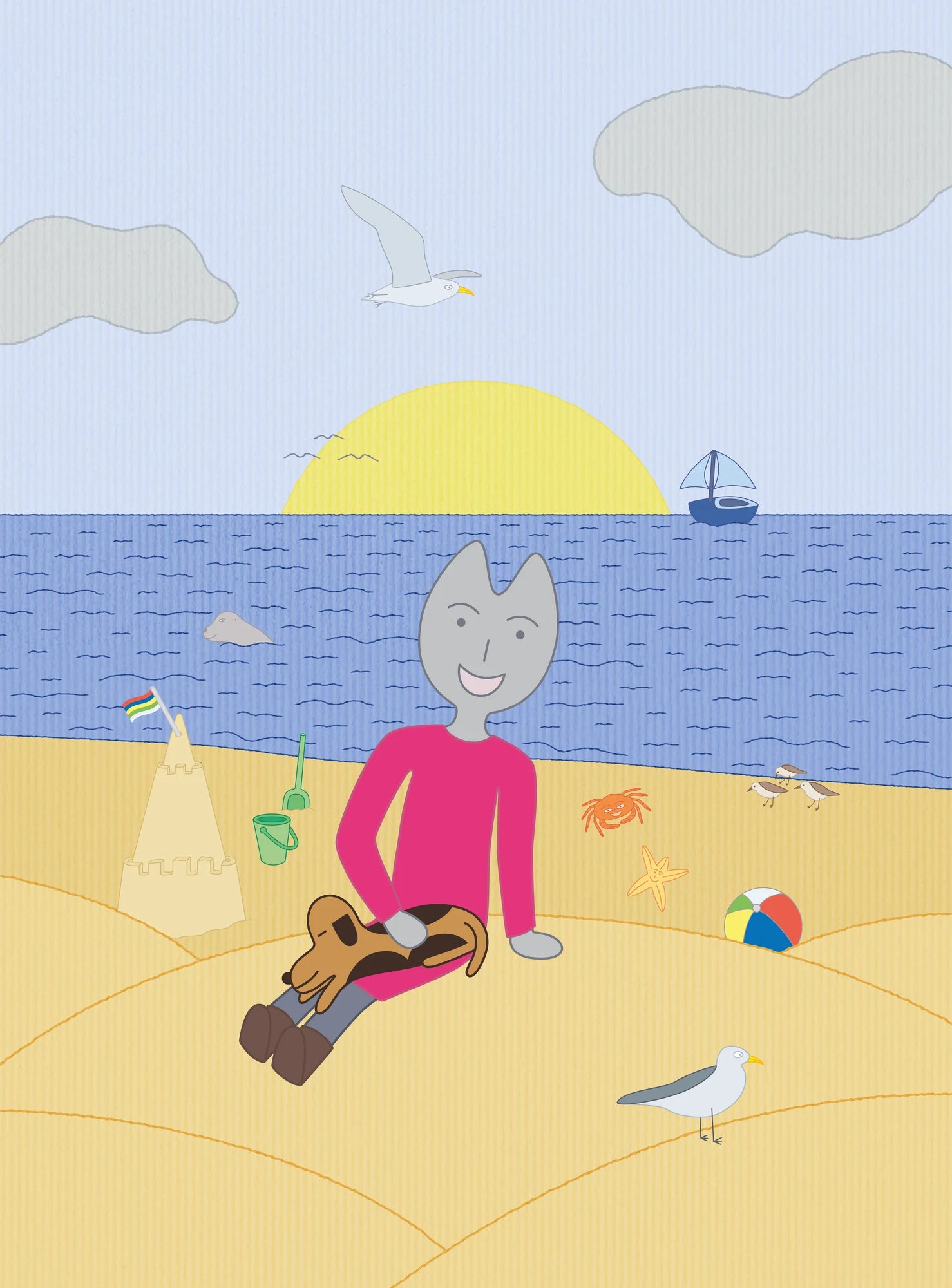 Kaatje zit op het duin met Mup op schoot, met de zee en de zon erachter